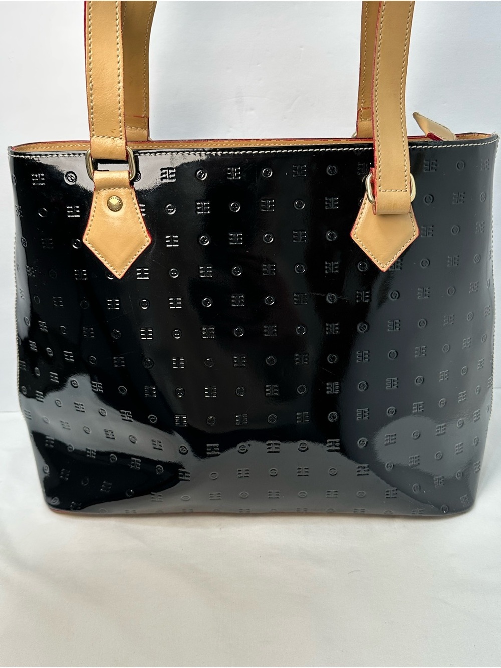 Arcadia Black Patent Tote with Tan Handles